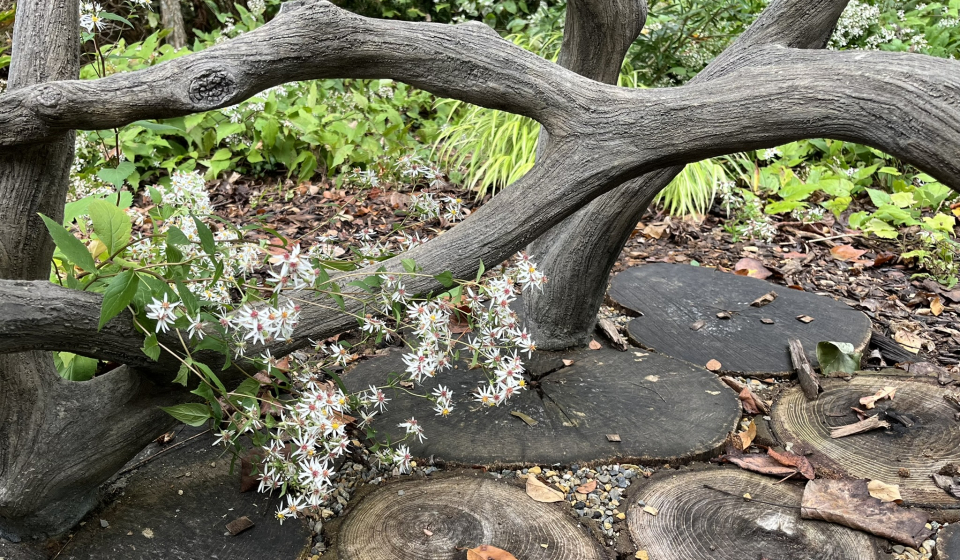 faux bois structure with white aster flowers and a base made of rounds of wood