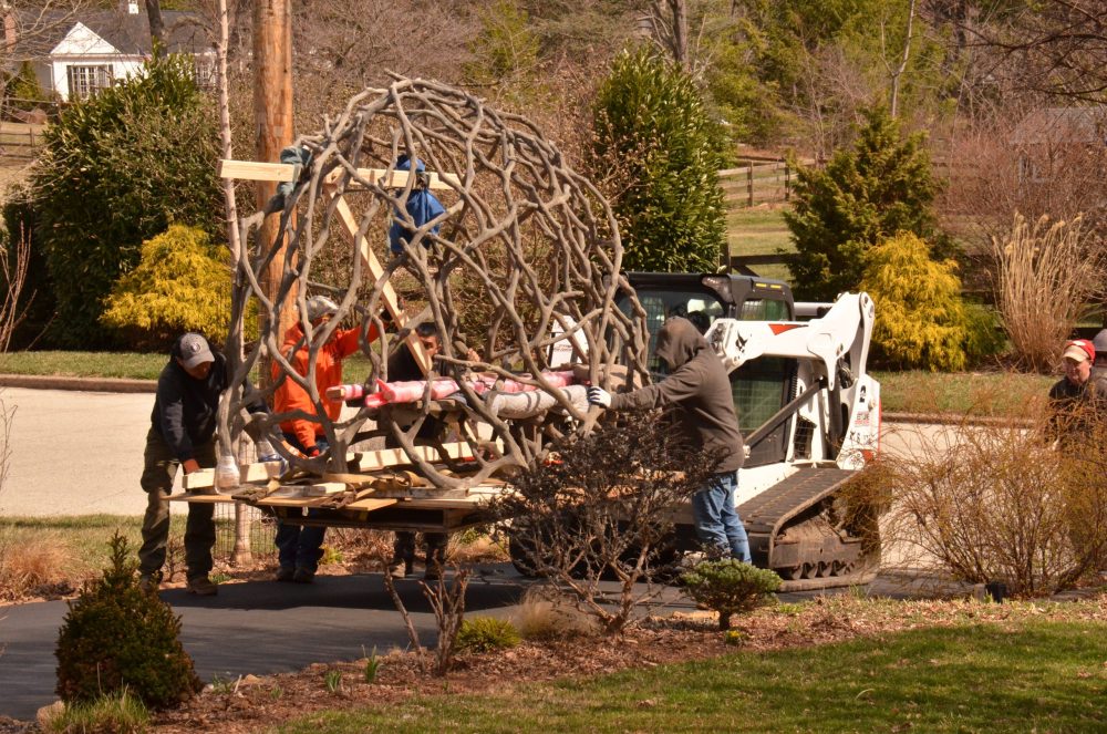 moving faux bois sculpture up the driveway on a skidsteer