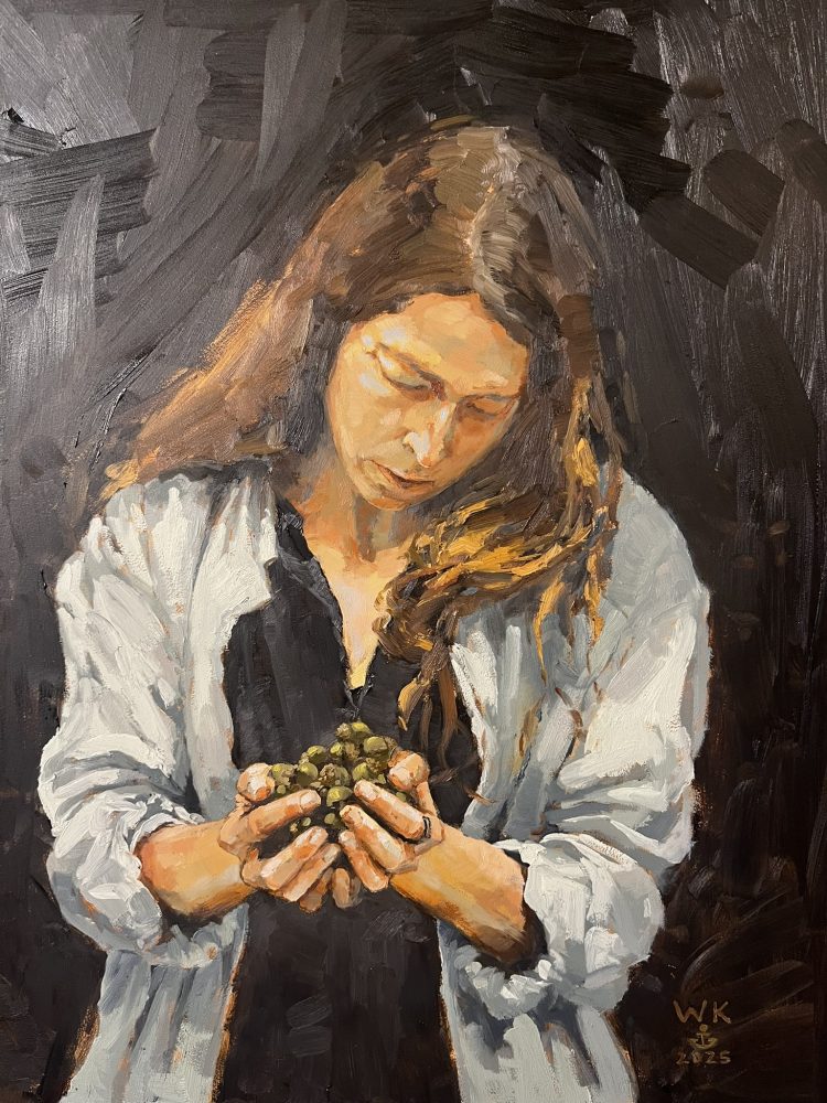 painting of woman holding acorns called abundance