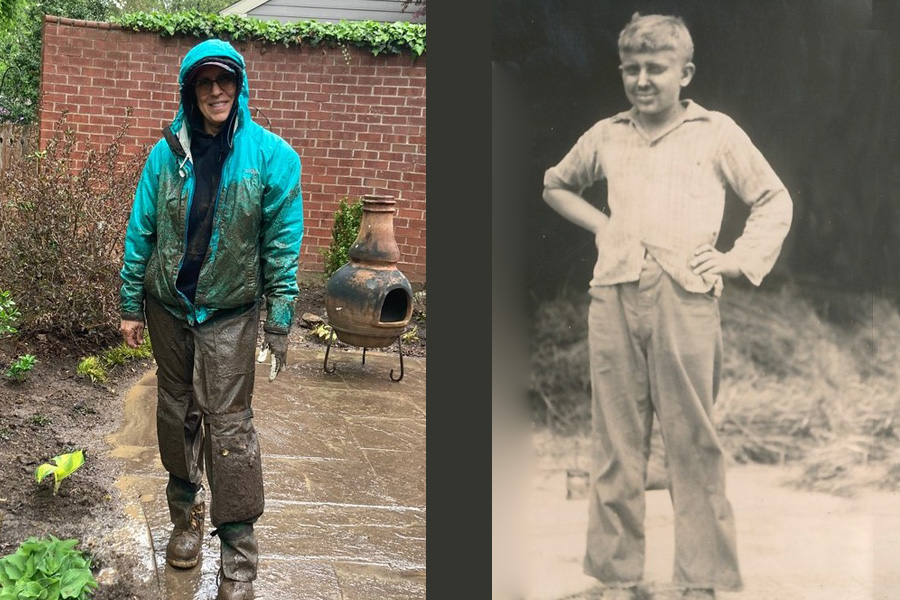 Split photo on left muddy landscaper with blue jacket and right old black and white photo of young man in work clothes