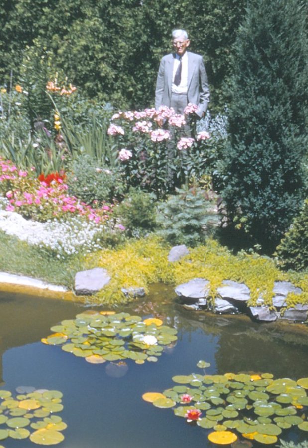 elderly man in gray suite standing in garden with a pond in front